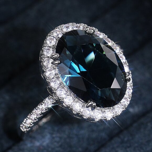 ❤️925 STERLING SILVER Jewelry - 😍Noble Hollow Anillos Super Large Oval Pure Royal Blue CZ Silver Ring, L263